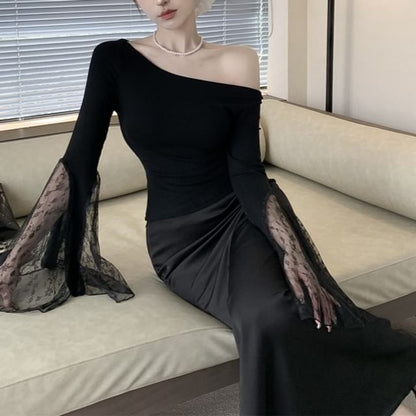 Long-Sleeve Off Shoulder Plain Lace Panel Top