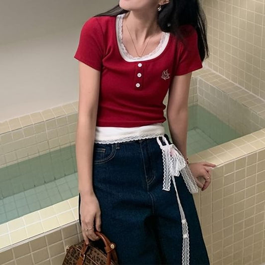 Mock Two-Piece Short-Sleeve Square Neck Crop Top