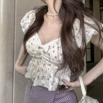 Puff-Sleeve Floral Bow Peplum Cropped Blouse / High Rise Plaid Asymmetrical Mini Pencil Skirt