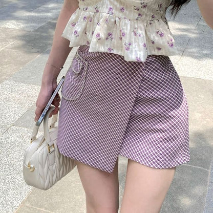 Puff-Sleeve Floral Bow Peplum Cropped Blouse / High Rise Plaid Asymmetrical Mini Pencil Skirt