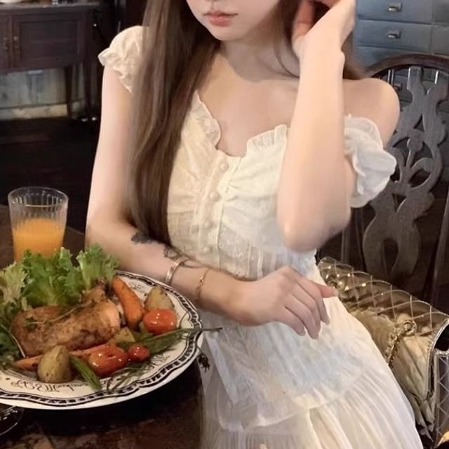 Short-Sleeve Lace Panel Slim Fit Blouse / High Waist Mini A-Line Skirt