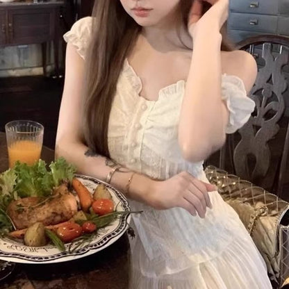 Short-Sleeve Lace Panel Slim Fit Blouse / High Waist Mini A-Line Skirt