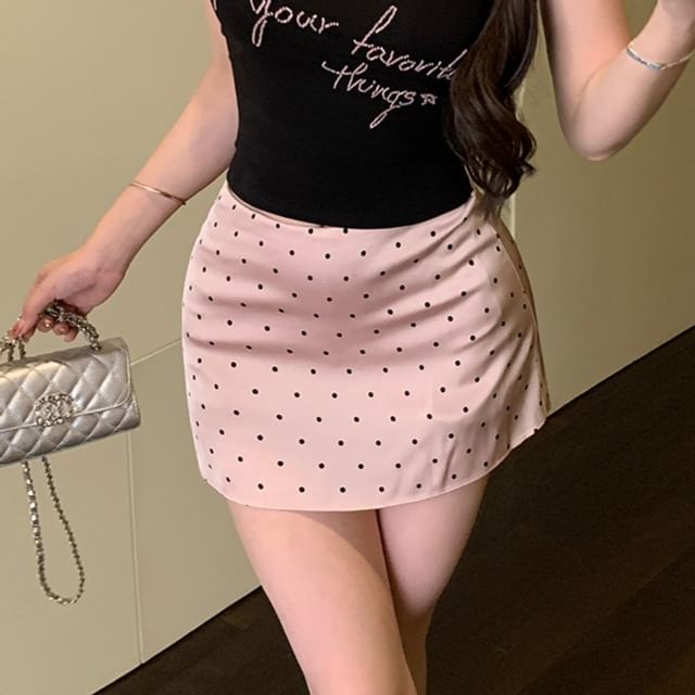Off-Shoulder Lettering Embroidered Slim Fit Tank Top / High Waist Dotted Mini Pencil Skirt