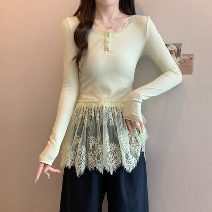 Long-Sleeve Henley Peplum Lace Panel Slim Fit T-Shirt