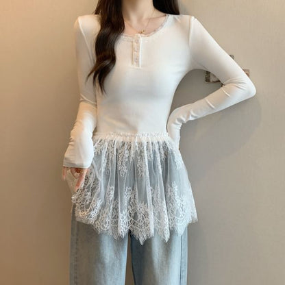 Long-Sleeve Henley Peplum Lace Panel Slim Fit T-Shirt