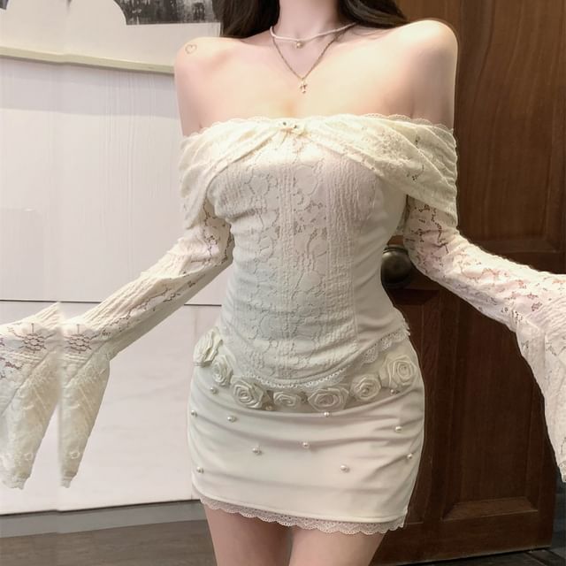 Long-Sleeve Off-Shoulder Lace Panel Slim Fit Crop Top / High Rise Floral Accent Mini Pencil Skirt