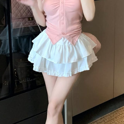 Short-Sleeve V-Neck Plain Ruched Slit Crop Tee / High Waist Frill Trim Layered Mini A-Line Skirt