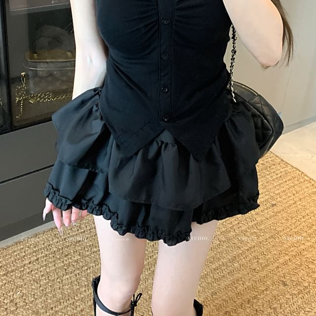 Short-Sleeve V-Neck Plain Ruched Slit Crop Tee / High Waist Frill Trim Layered Mini A-Line Skirt