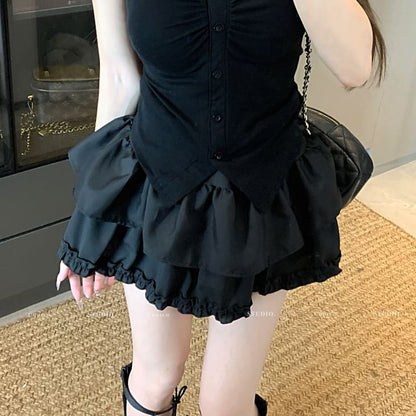 Short-Sleeve V-Neck Plain Ruched Slit Crop Tee / High Waist Frill Trim Layered Mini A-Line Skirt