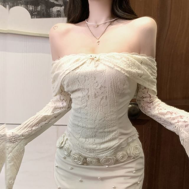 Long-Sleeve Off-Shoulder Lace Panel Slim Fit Crop Top / High Rise Floral Accent Mini Pencil Skirt