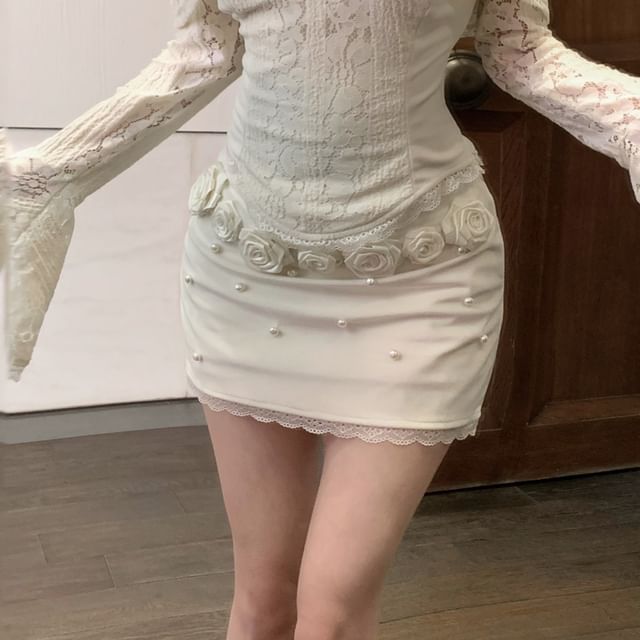 Long-Sleeve Off-Shoulder Lace Panel Slim Fit Crop Top / High Rise Floral Accent Mini Pencil Skirt