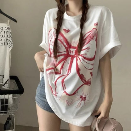 Elbow-Sleeve Round Neck Bow Print Oversized T-Shirt
