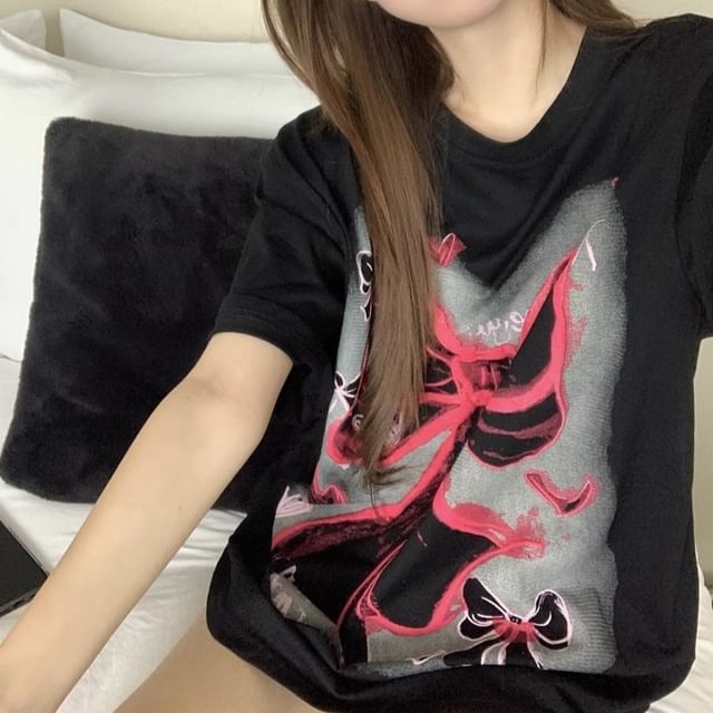Elbow-Sleeve Round Neck Bow Print Oversized T-Shirt