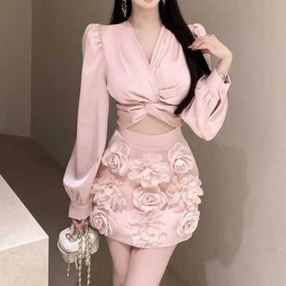 Long Sleeve V-Neck Plain Ruched Crop Blouse / High Rise Floral Applique Mini Pencil Skirt