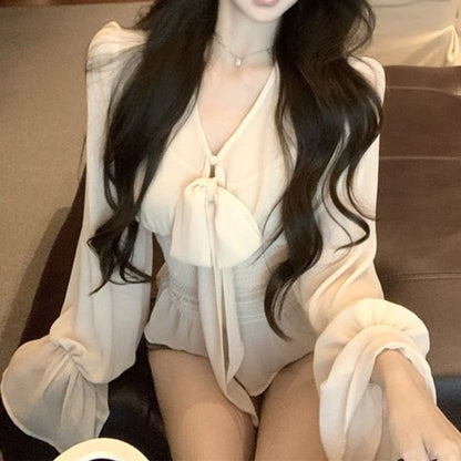 Set: Long Sleeve V-Neck Plain Bow Peplum Blouse + Camisole Top