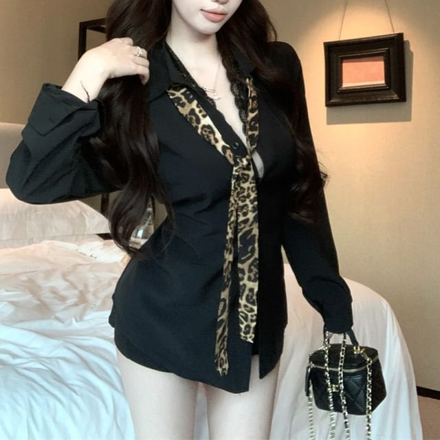 Long Sleeve Collared Plain Panel Lace Shirt