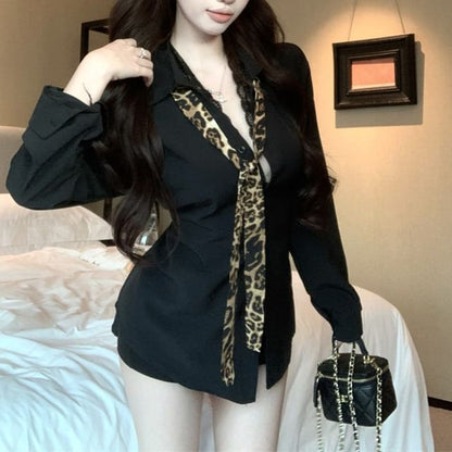 Long Sleeve Collared Plain Panel Lace Shirt