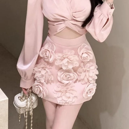 Long Sleeve V-Neck Plain Ruched Crop Blouse / High Rise Floral Applique Mini Pencil Skirt