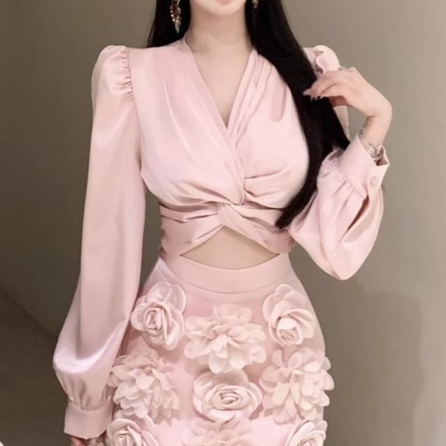 Long Sleeve V-Neck Plain Ruched Crop Blouse / High Rise Floral Applique Mini Pencil Skirt