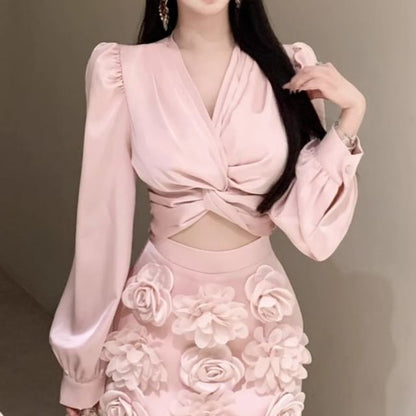 Long Sleeve V-Neck Plain Ruched Crop Blouse / High Rise Floral Applique Mini Pencil Skirt