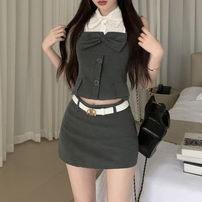Button-Up Plain Crop Camisole Top / Mini Pencil Skirt / Sleeveless Shirt