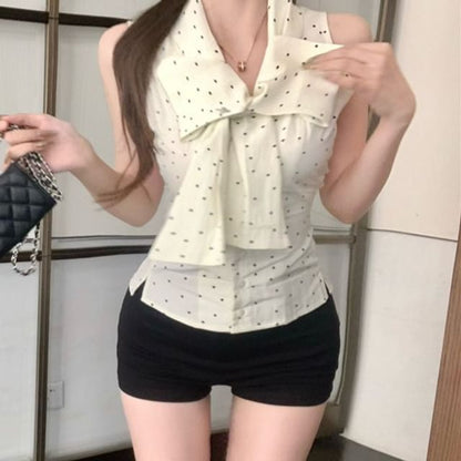 Sleeveless Ribbon Neck Dotted Top