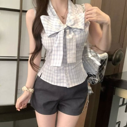 Sleeveless Ribbon Neck Dotted Top