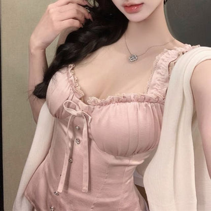 Sleeveless Frill Trim Plain Top / High Waist Maxi Fishtail Skirt