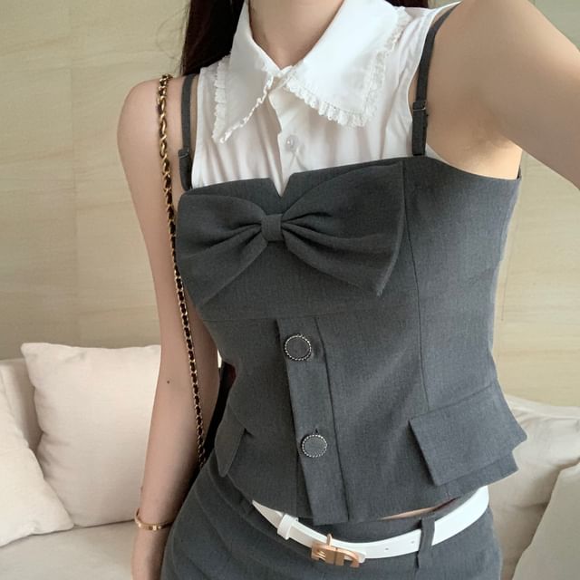 Button-Up Plain Crop Camisole Top / Mini Pencil Skirt / Sleeveless Shirt