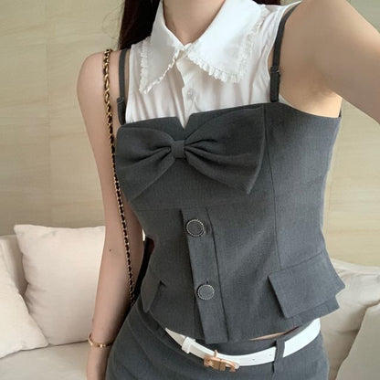 Button-Up Plain Crop Camisole Top / Mini Pencil Skirt / Sleeveless Shirt