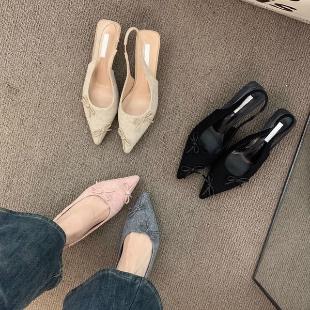 Pointy Bow Kitten Heel Slingback Sandals