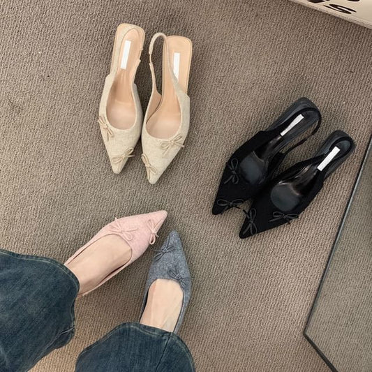 Pointy Bow Kitten Heel Slingback Sandals