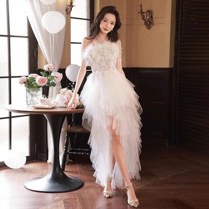 Fluffy Panel Low Strapless High Gown Sequin Mesh A-Line Evening