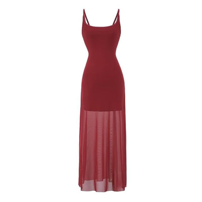 Mesh Maxi A-Line Dress with Spaghetti Straps