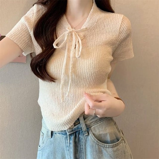 Lace-Up Knit V-Neck Crop Top