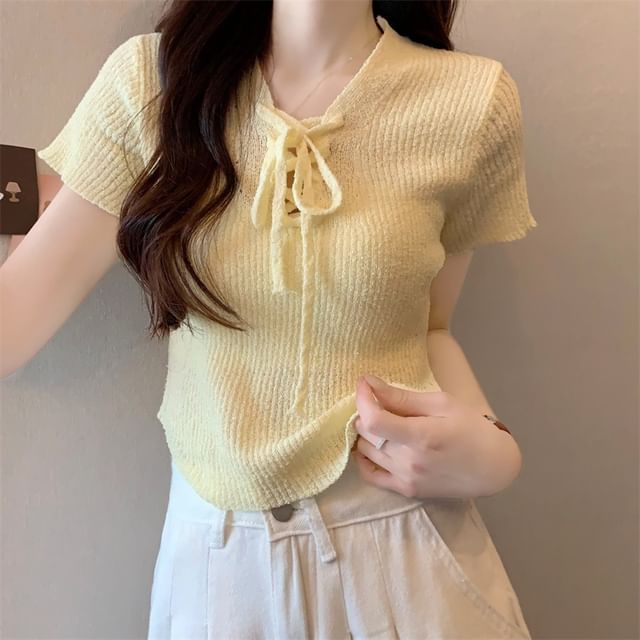 Lace-Up Knit V-Neck Crop Top