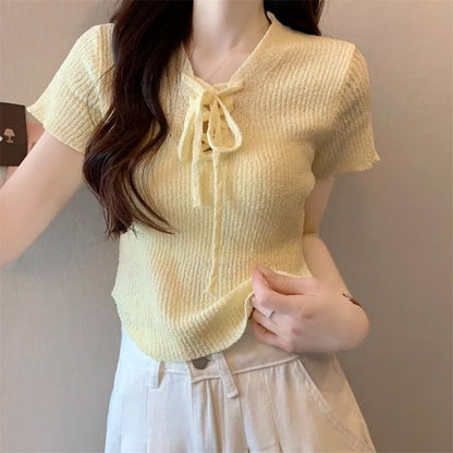 Lace-Up Knit V-Neck Crop Top