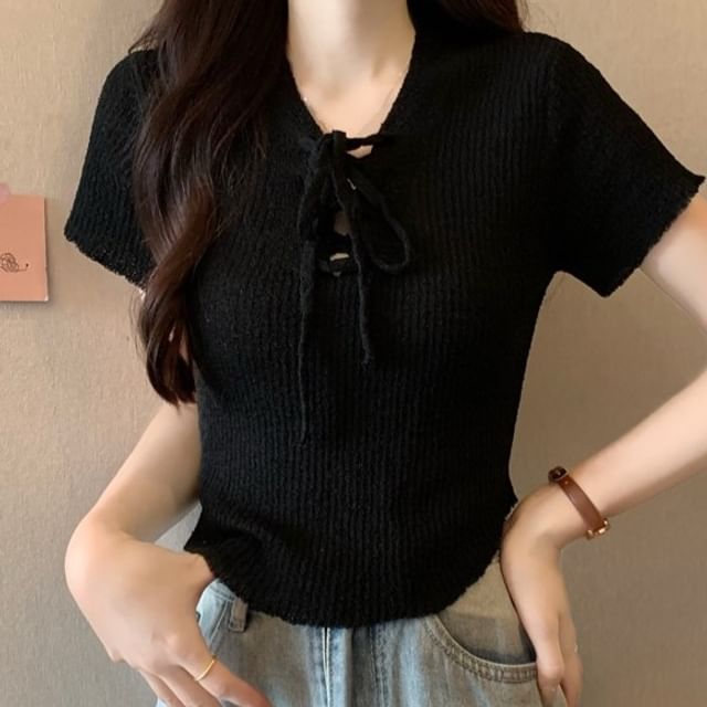 Lace-Up Knit V-Neck Crop Top
