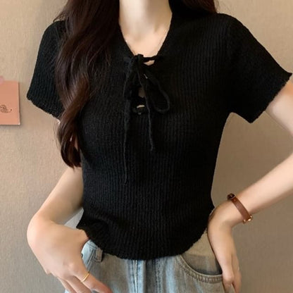 Lace-Up Knit V-Neck Crop Top