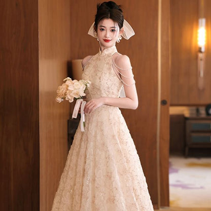 Halter Neck Stand Collar Floral Jacquard Faux Pearl Fringed A-Line Evening Dress