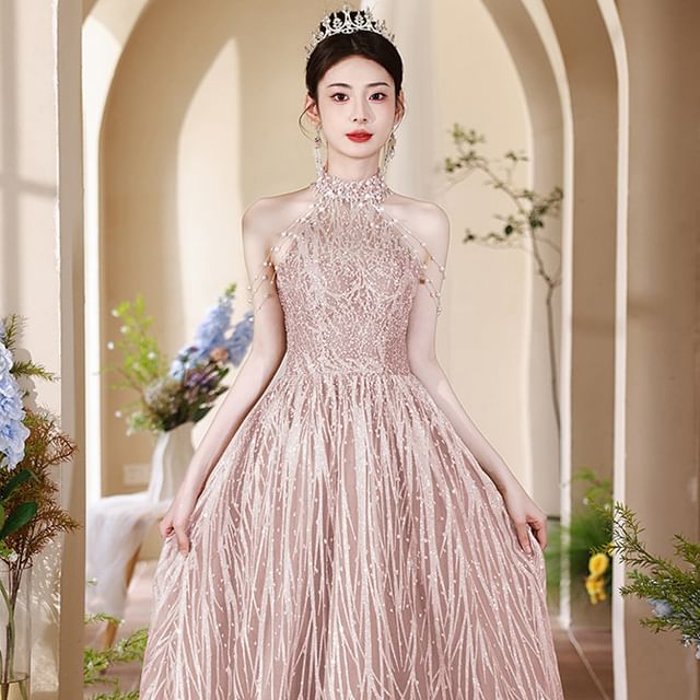 Mock Back Cutout Faux Neck Fringed Halter Evening A-Line Gown Pearl