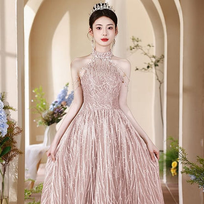 Mock Back Cutout Faux Neck Fringed Halter Evening A-Line Gown Pearl