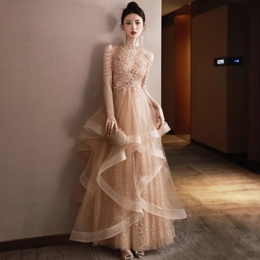 Halter Neck Floral Sequin Fringed Layered A-Line Evening Gown