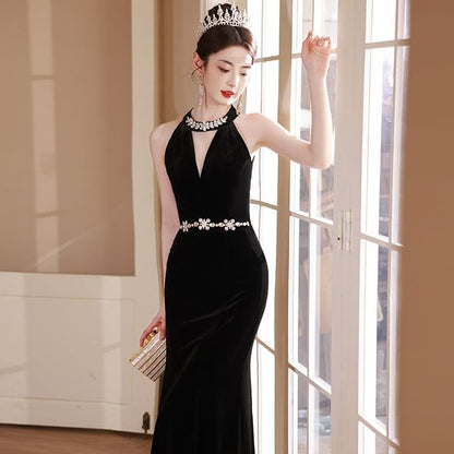 Halter Neck Rhinestone Accent Cutout Mermaid Evening Dress