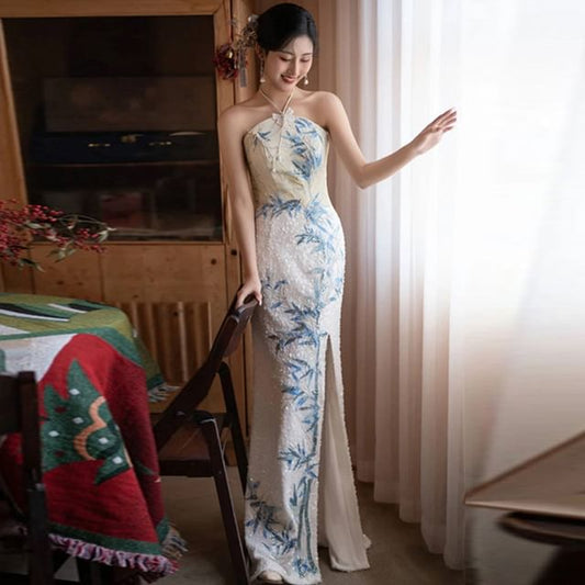 Halter Neck Bamboo Embroidered Sequin Slit Mermaid Evening Dress