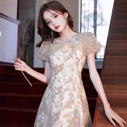 Gown Embroidered Neck Pearl Square Puff-Sleeve Sequin Faux Floral Evening A-Line