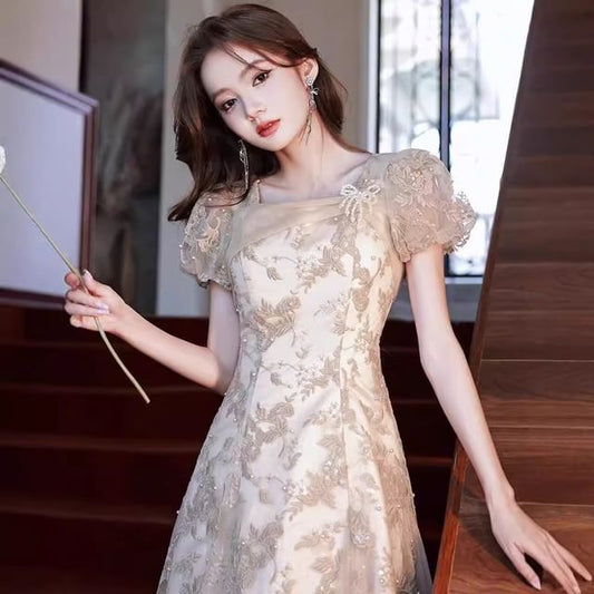 Gown Embroidered Neck Pearl Square Puff-Sleeve Sequin Faux Floral Evening A-Line