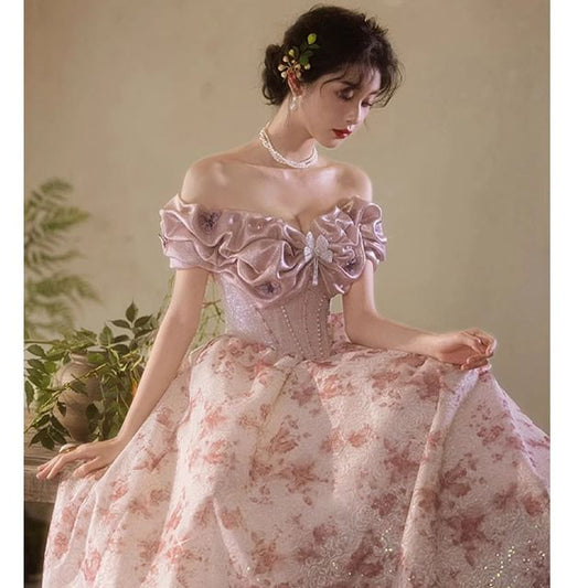 Floral Print Back Gown Bow Accent A-Line Evening Off-Shoulder Butterfly