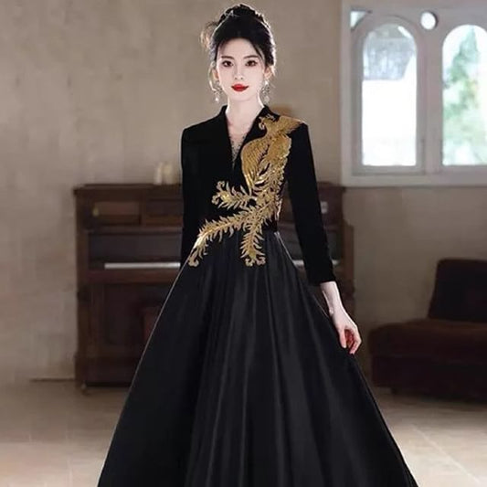 Long-Sleeve Embroidered Sequin Evening A-Line Phoenix V-Neck Gown
