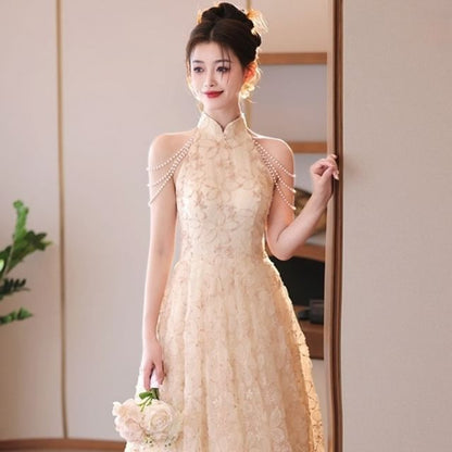 Halter Neck Stand Collar Floral Jacquard Faux Pearl Fringed A-Line Evening Dress